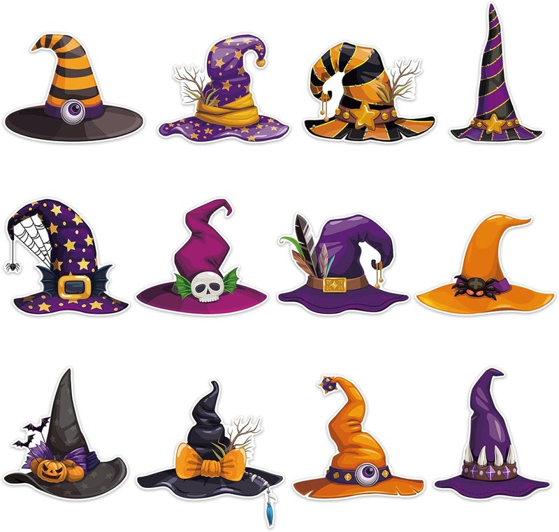 Machomby 48 Pcs Halloween Cutouts, Cute Witch Hat Cutouts Halloween Bulletin Board Decorations Witch Hat Paper Cut-Outs for Home School Trick or Treat Party Chalkboard Wall Decor - Image 1